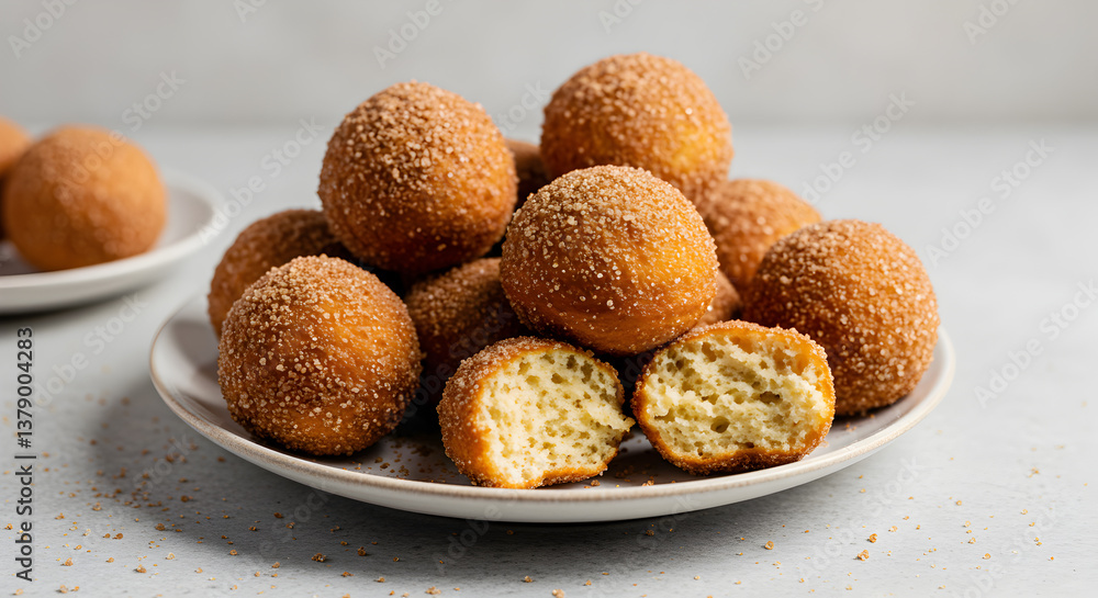 Pile of vegan cinnamon sugar donut holes on a plate, one with a bite Pile of vegan cinnamon sugar donut holes on a plate, one with a bite