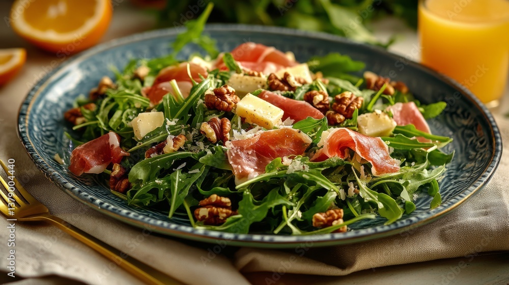 Salad With Arugula, Prosciutto, Walnuts, and Parmesan Cheese on a Decorative Plate With Orange Juice Salad With Arugula, Prosciutto, Walnuts, and Parmesan Cheese on a Decorative Plate With Orange Juice