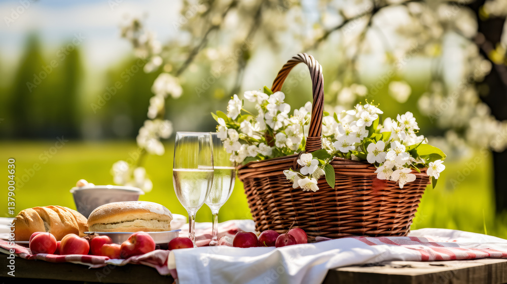 Bountiful spring picnic setup with flowers, fruits, and refreshments amidst a vibrant outdoor landscape Bountiful spring picnic setup with flowers, fruits, and refreshments amidst a vibrant outdoor landscape