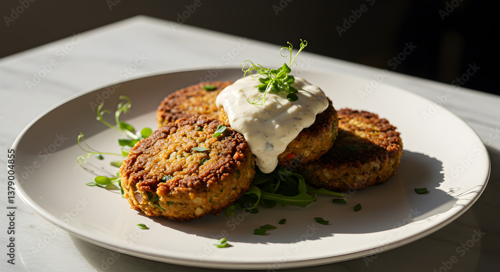 Vegan crab cakes with tangy remoulade sauce served on a white plate Vegan crab cakes with tangy remoulade sauce served on a white plate