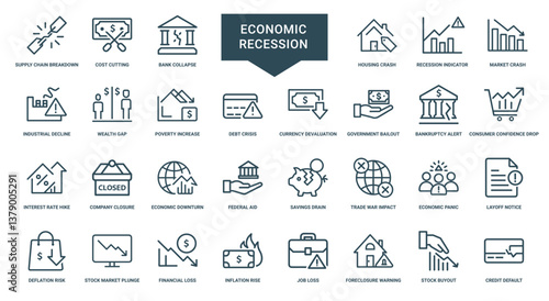 collection themed economic recession crisis line icons aspects financial downturn, alert drop company consumer confidence hike closure rate interest bankruptcy