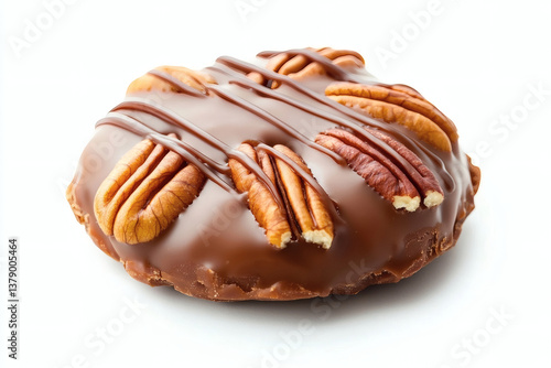 Single Chocolate Turtle with Caramel and Pecans on White Background