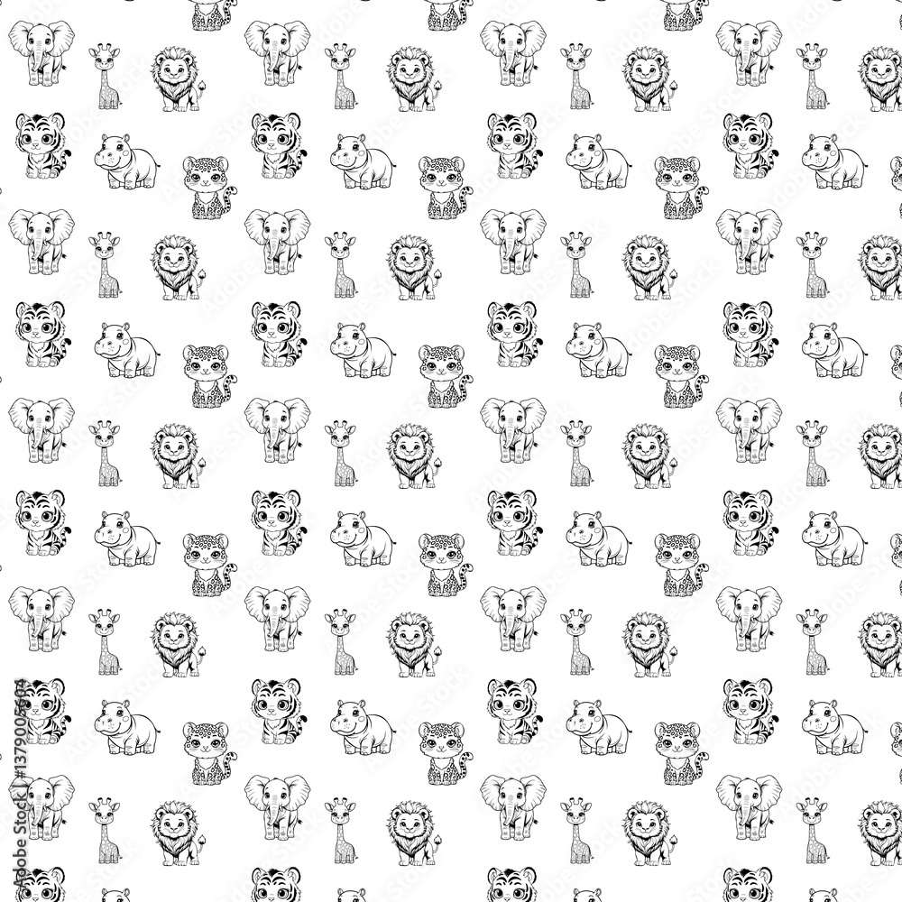 A seamless black and white pattern featuring hand-drawn cute safari animals, including lions, elephants, giraffes, tigers, hippos, and leopards, arranged in a repeating design on a white background. A seamless black and white pattern featuring hand-drawn cute safari animals, including lions, elephants, giraffes, tigers, hippos, and leopards, arranged in a repeating design on a white background.