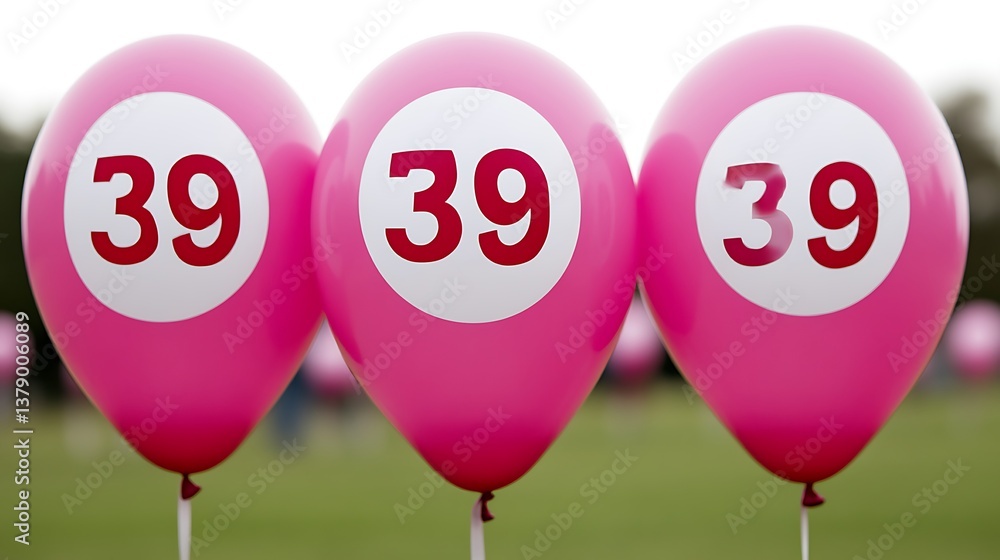 Three pink balloons displaying the number thirty nine on them Three pink balloons displaying the number thirty nine on them