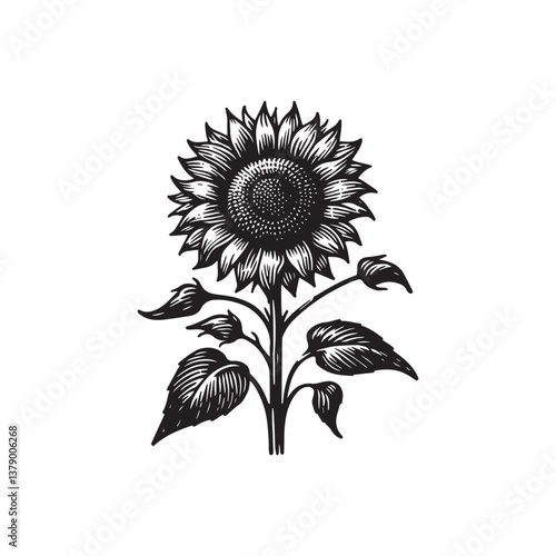 Simple Wild Sunflower Front View Vector Icon – Vintage Logo & Retro Illustration