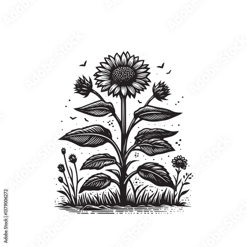 Simple Wild Sunflower Front View Vector Icon – Vintage Logo & Retro Illustration