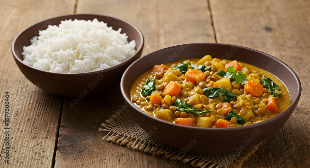 Appealing vegan lentil curry served with basmati rice on a wooden surface Appealing vegan lentil curry served with basmati rice on a wooden surface