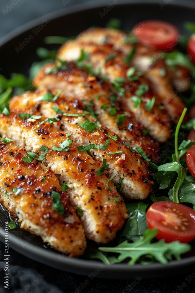 Golden breaded chicken strips served with fresh cherry tomatoes and arugula salad Golden breaded chicken strips served with fresh cherry tomatoes and arugula salad
