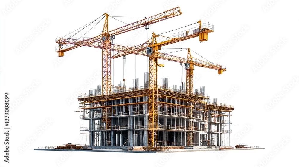 Modern building construction site with three yellow cranes actively working on a new high rise Modern building construction site with three yellow cranes actively working on a new high rise