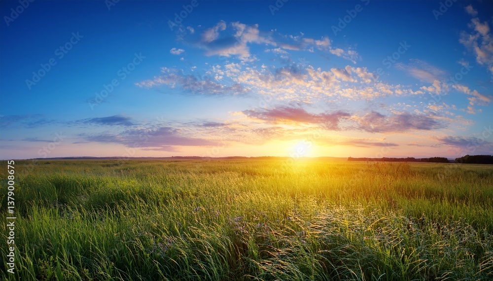 Fototapeta premium natural background dawn and blue sky in the field the sun rises over the horizon on a background of grass