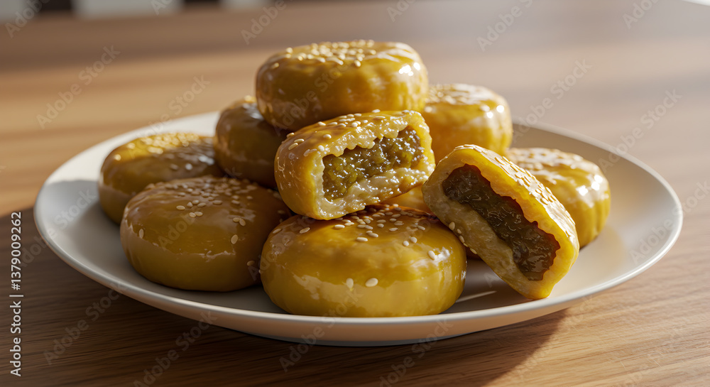 Golden mung bean sticky rice cakes topped with sesame seeds on a white plate Golden mung bean sticky rice cakes topped with sesame seeds on a white plate