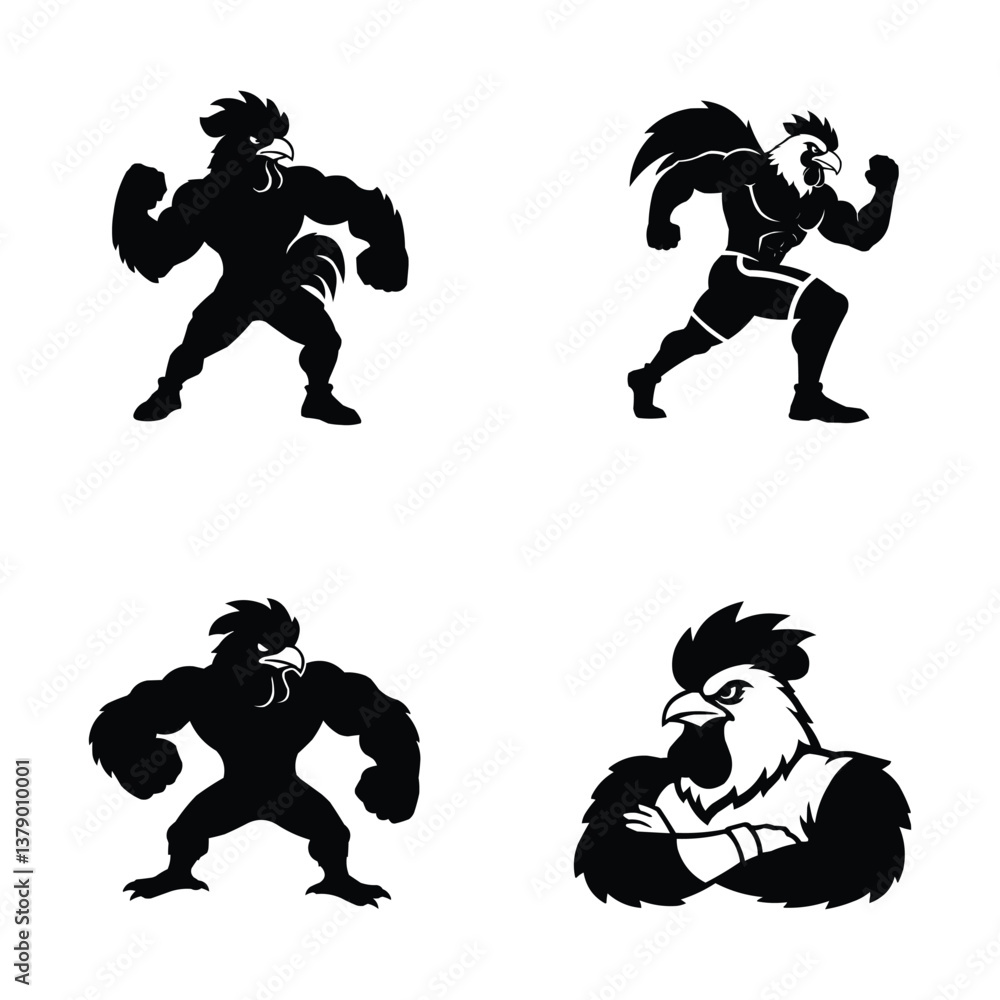 Fototapeta premium Muscular Rooster Silhouettes in Fighting Poses.
