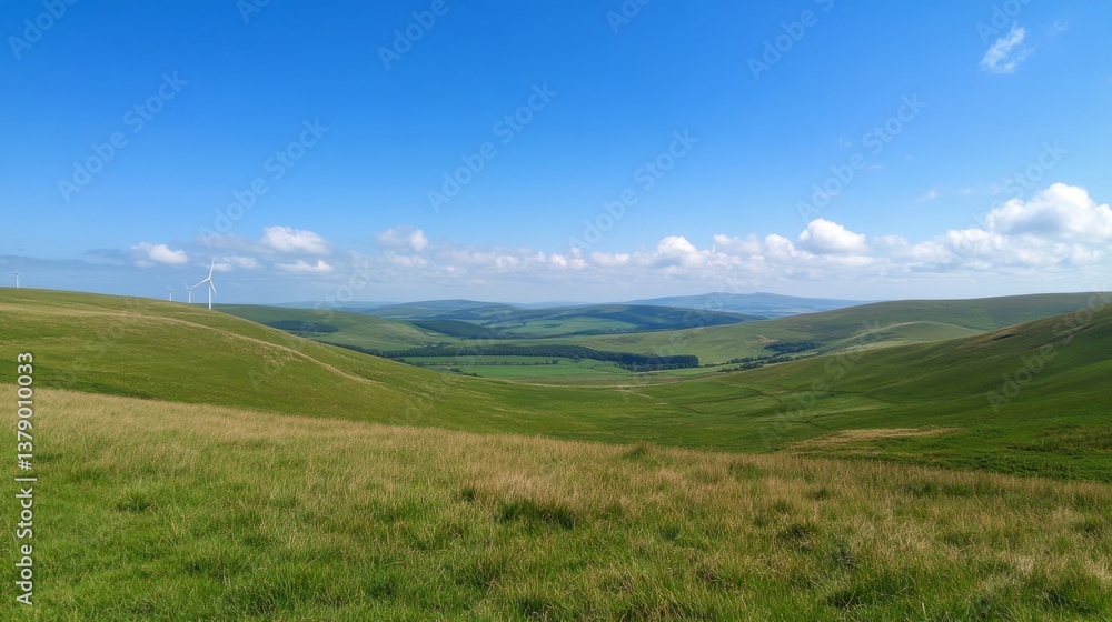 A wind farm on rolling green hills under a bright blue sky, representing renewable energy and sustainability. generative ai A wind farm on rolling green hills under a bright blue sky, representing renewable energy and sustainability. generative ai