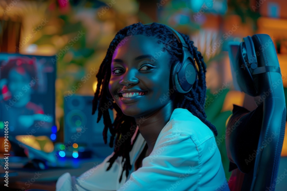 Obraz premium Portrait of a smiling young black female IT support worker in startup company office