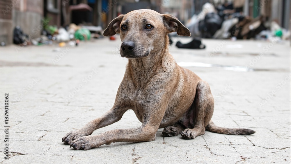 Obraz premium Heartbreaking image of a neglected stray dog on a desolate street capturing isolation and urban decay