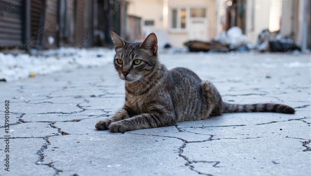 Obraz premium A melancholic stray cat weary and thin sits on a desolate city street embodying loneliness and hardship