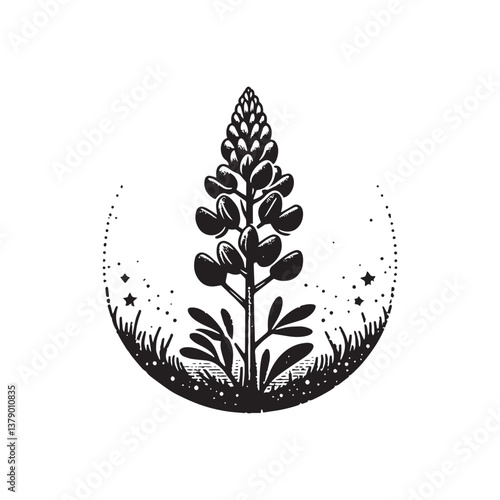 Simple Bluebonnet Flower Front View Vector Icon – Vintage Logo & Retro Illustration
