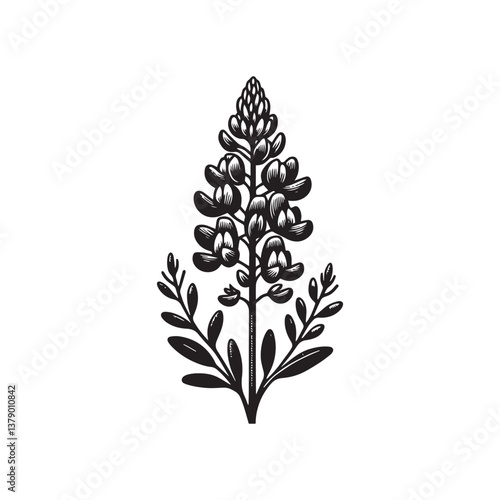 Simple Bluebonnet Flower Front View Vector Icon – Vintage Logo & Retro Illustration