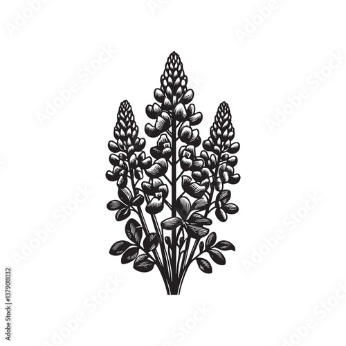 Simple Bluebonnet Flower Front View Vector Icon – Vintage Logo & Retro Illustration