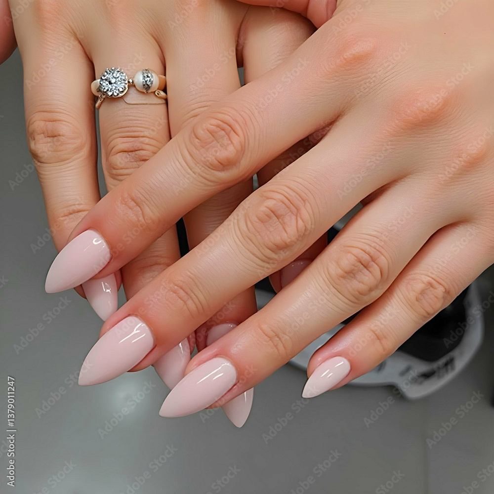 Women's hand with manicure with delicate pink almond-shaped nails and a gold ring with a heart. Concept: grooming and elegance in details. Women's hand with manicure with delicate pink almond-shaped nails and a gold ring with a heart. Concept: grooming and elegance in details.