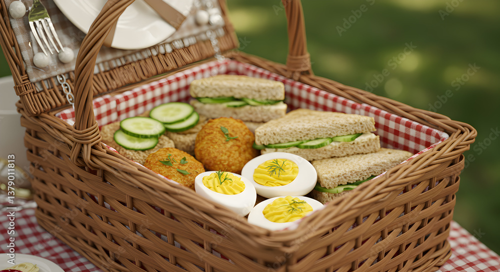 Classic wicker picnic basket with deviled eggs and cucumber sandwiches outdoor scene Classic wicker picnic basket with deviled eggs and cucumber sandwiches outdoor scene