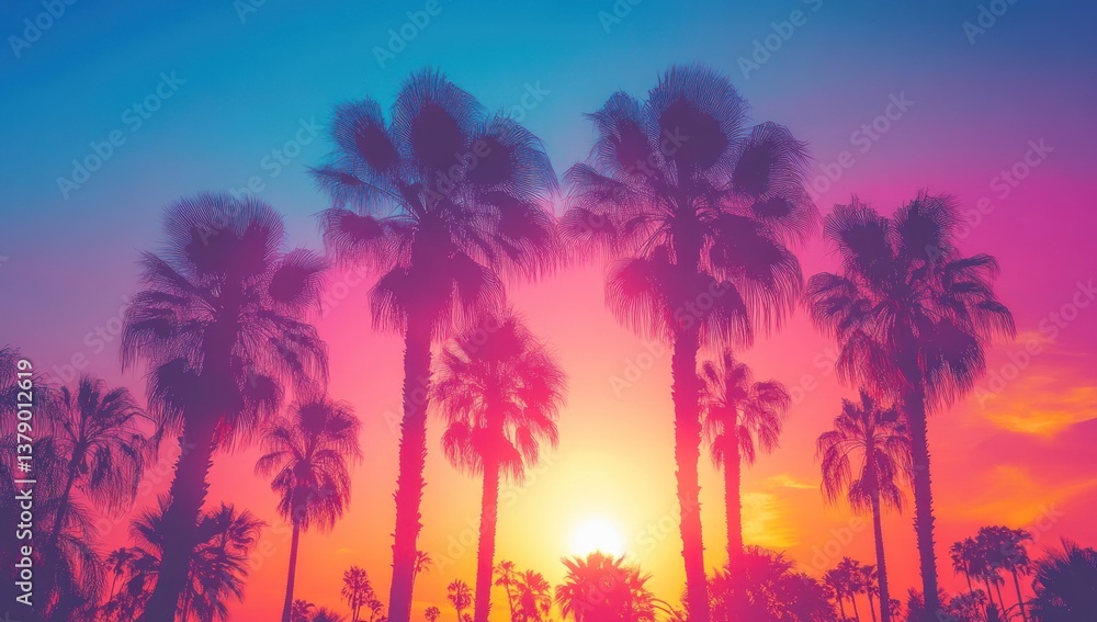 Vibrant sunset silhouettes of palm trees Vibrant sunset silhouettes of palm trees