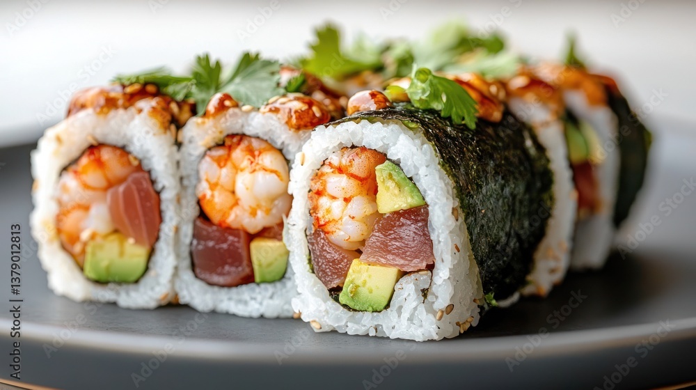 Fresh sushi rolls with a vibrant array of fillings Fresh sushi rolls with a vibrant array of fillings