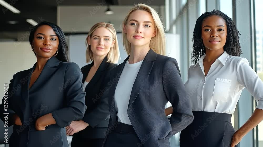 An elegant modern office filled with natural light, an interracial group of confident executive women standing together in sharp business attire, celebrating Women's Day with stren An elegant modern office filled with natural light, an interracial group of confident executive women standing together in sharp business attire, celebrating Women's Day with stren