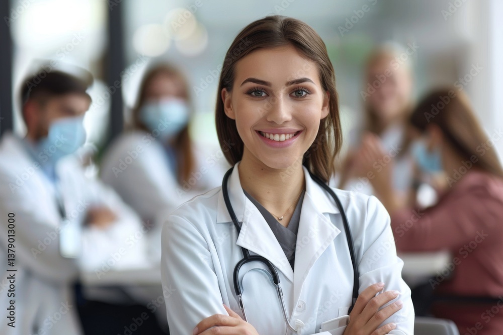Obraz premium Portrait of a smiling young female doctor at medical training in seminar room