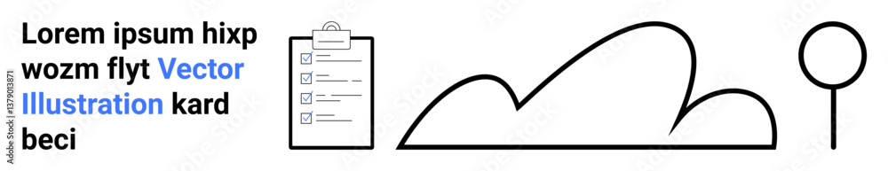 Clipboard with checklist, abstract mountains, and location pin. Ideal for productivity, planning, goal setting, navigation, creativity, strategy and simple landing page Clipboard with checklist, abstract mountains, and location pin. Ideal for productivity, planning, goal setting, navigation, creativity, strategy and simple landing page
