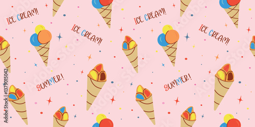 Seamless pattern with ice cream, star. flat children's background with dessert, food. graphics for print, holiday, wallpaper, banner, surface textures, fabric. vector art illustration