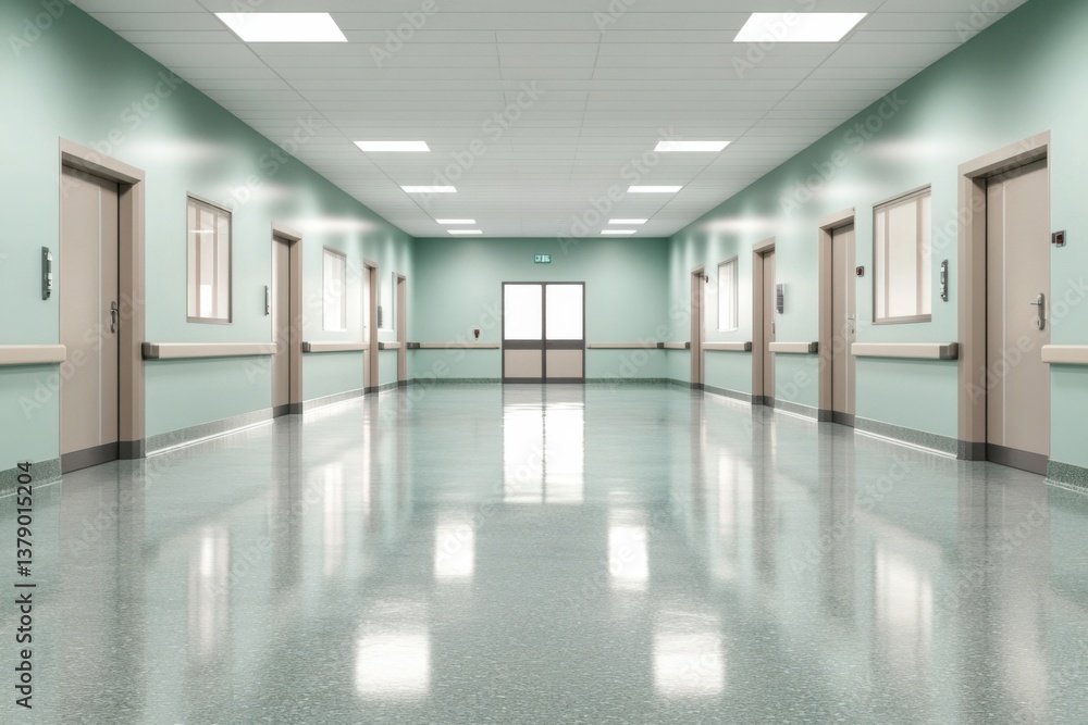 Clean and bright hospital corridor showing multiple rooms and doors leading to patient areas Clean and bright hospital corridor showing multiple rooms and doors leading to patient areas