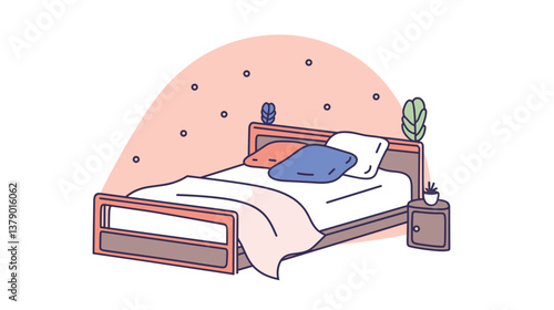 Minimalist bedroom with bed, pillows, and nightstand in modern style