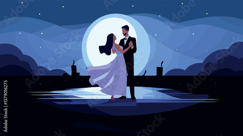 Romantic dance of young couple under moonlight in evening dress