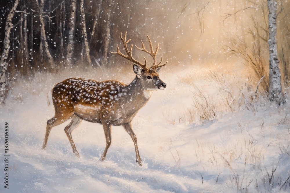 A painting of a deer cautiously crossing a snowy meadow Deer cautiously crossing a snowy meadow . A painting of a deer cautiously crossing a snowy meadow Deer cautiously crossing a snowy meadow .