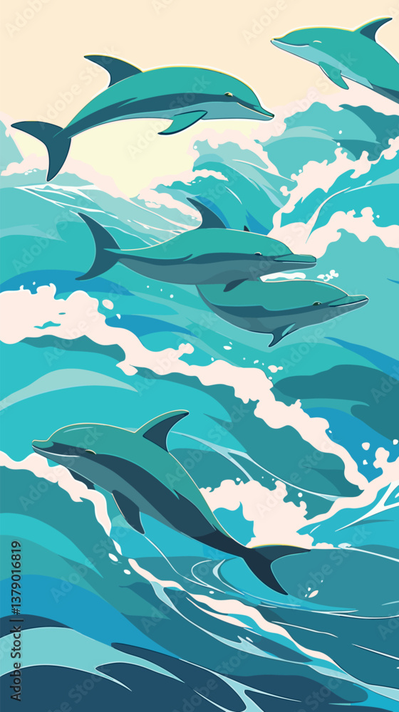 Naklejka premium Playful dolphins in ocean waves illustration with blue and aqua colors