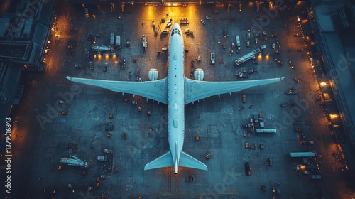 Aerial view of airplane in hangar at night
