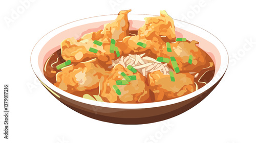 Bowl of asian dumpling soup with green onions and broth
