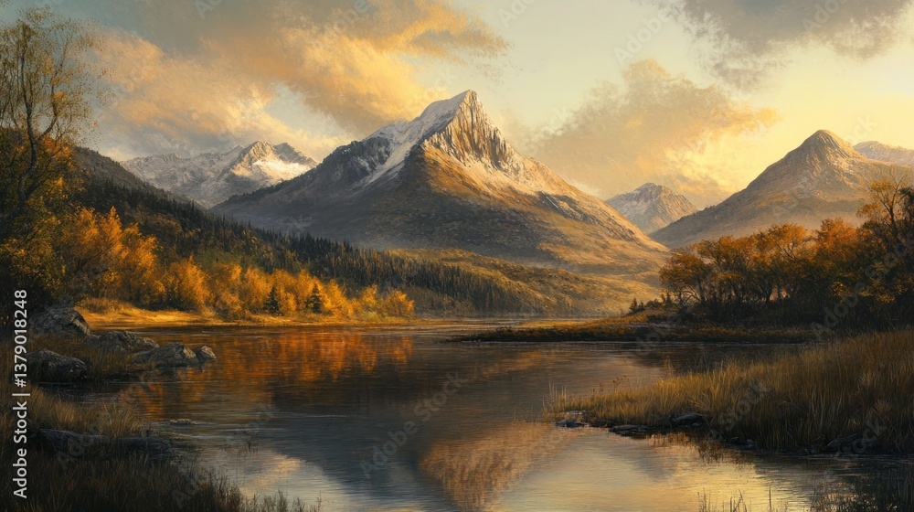 Fototapeta premium Majestic mountain peak bathed in morning light reflected on tranquil lake surface