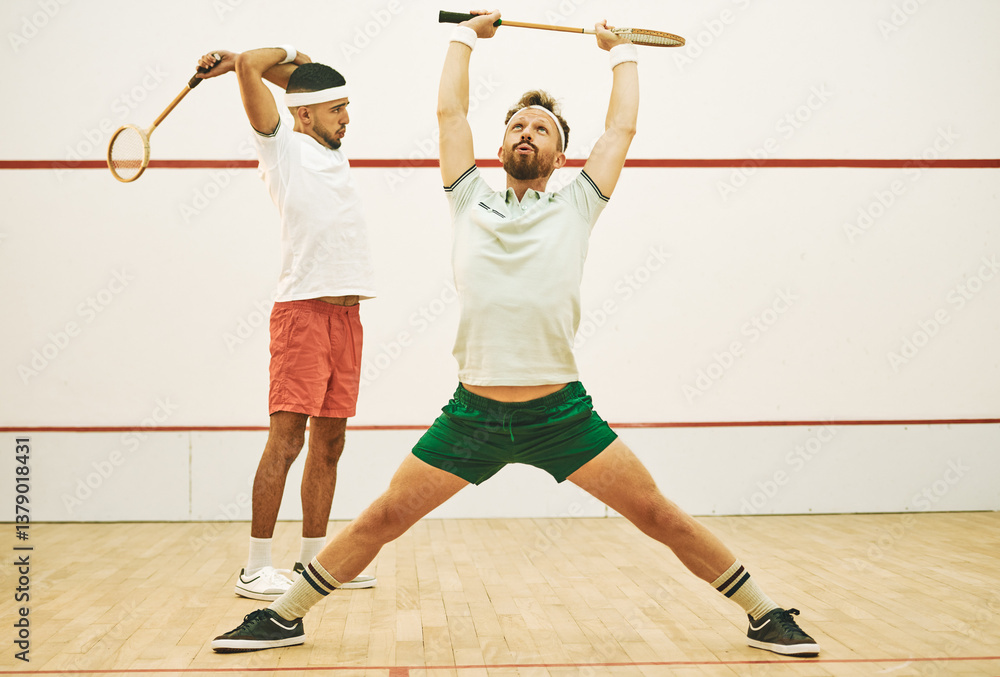 Naklejka premium Court, squash and men with warm up for sport, training and practice with exercise for competition. Racket, team and players with stretching arms to prevent injury, muscle strain and fitness game