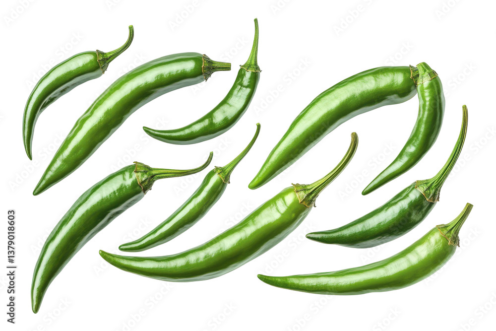 Fresh Green Chilies Varieties Isolated on White Background for Culinary Use in Cooking, Spices, and Spicy Dishes Preparation and Presentation Fresh Green Chilies Varieties Isolated on White Background for Culinary Use in Cooking, Spices, and Spicy Dishes Preparation and Presentation