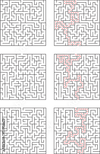Six Complex Mazes Solutions Highlighted, Puzzle, Logic, Paths, Challenges