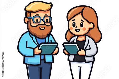 Cartoon Man and Woman Colleagues Holding Tablets Discussing Project Teamwork