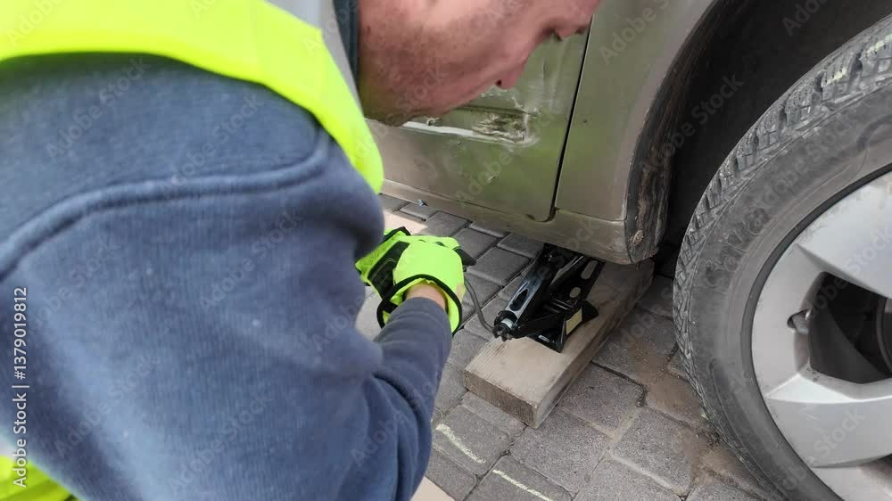 A guy changes tire on street to summer tire in nature A guy changes tire on street to summer tire in nature