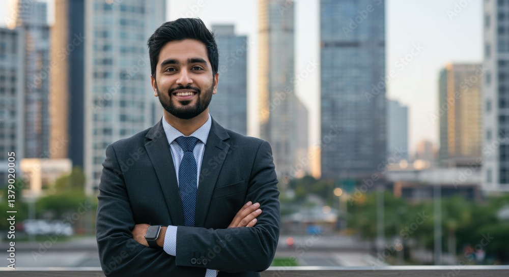 Smiling South Asian Man with Short Black Hair and Beard in Business Suit Standing Outdoors in Modern City Smiling South Asian Man with Short Black Hair and Beard in Business Suit Standing Outdoors in Modern City