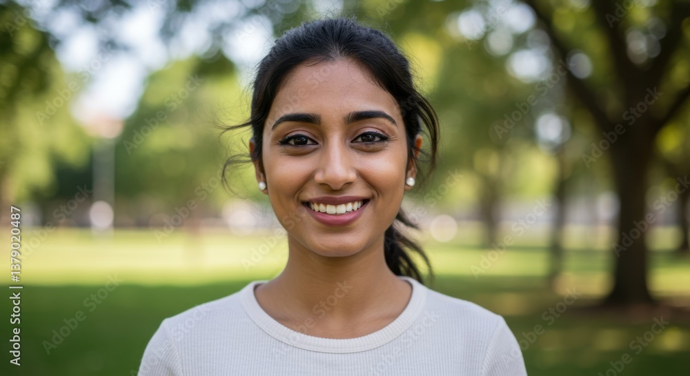 Smiling South Asian Woman with Black Hair in White Top Standing Outdoors in Green Park Smiling South Asian Woman with Black Hair in White Top Standing Outdoors in Green Park