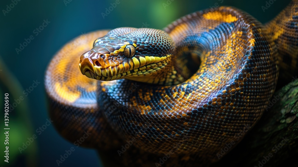 Close-up of a Coiled Python with Intricate Scale Patterns and Vibrant Colors Close-up of a Coiled Python with Intricate Scale Patterns and Vibrant Colors