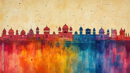 Colorful watercolor painting of lucknow skyline in india