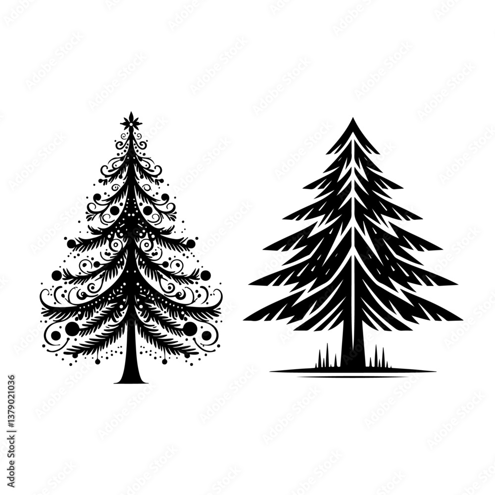 Obraz premium Set of Christmas trees in a winter forest with snow and holiday decorations