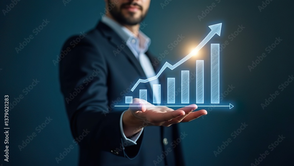 A concept image showing a businessman touching a virtual screen displaying financial growth charts, an ascending arrow, and a glowing success symbol, representing strategic planning and economic growt A concept image showing a businessman touching a virtual screen displaying financial growth charts, an ascending arrow, and a glowing success symbol, representing strategic planning and economic growt